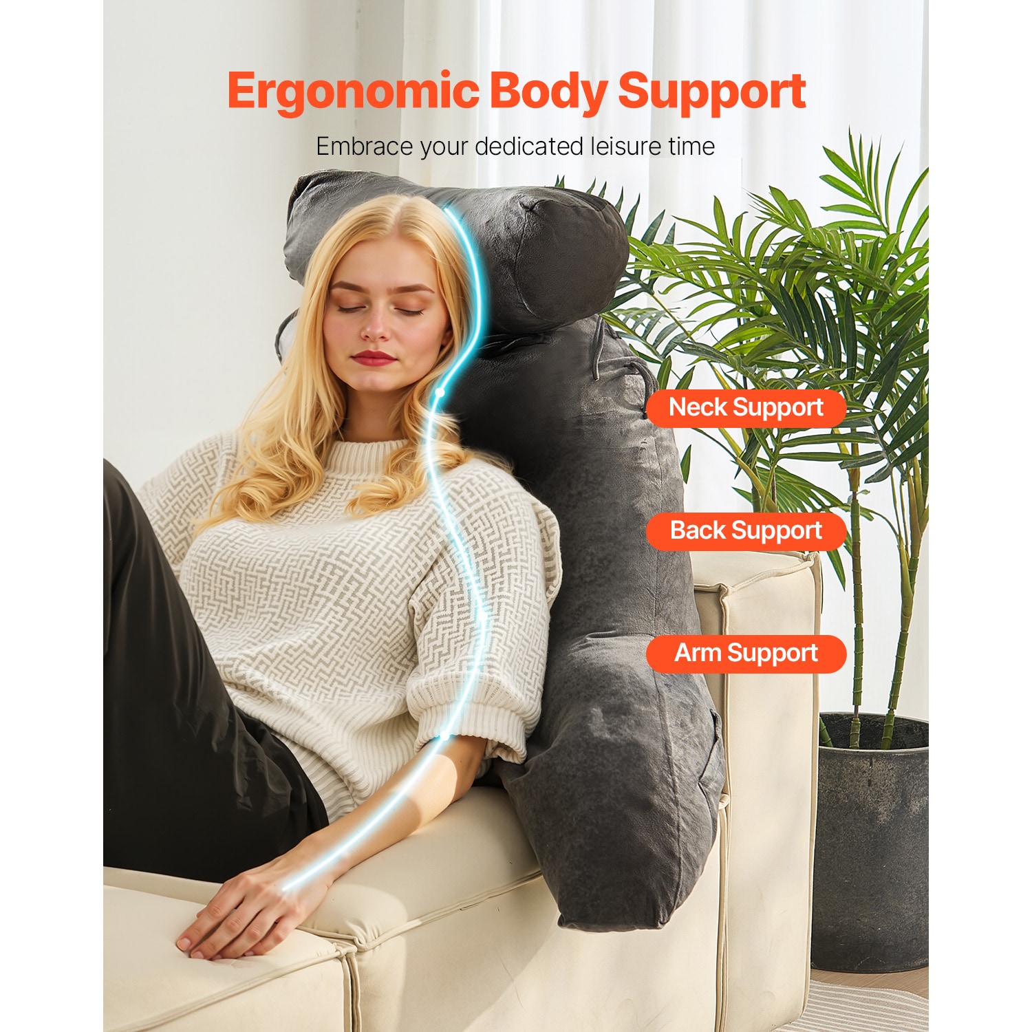 Grey Reading Pillow With Memory Foam, Back Support And Pockets_voghion.com